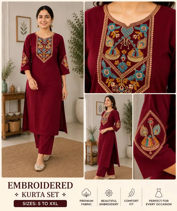 Product_Summary_Straight_Kurta_Pant_Maroon_Embroidered_Kurta_Set