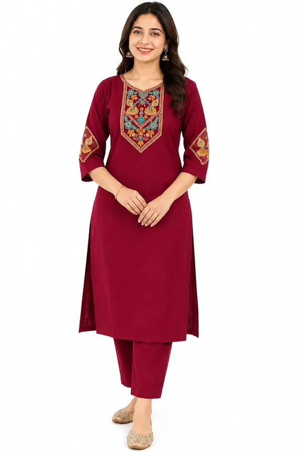 Product_Summary_Straight_Kurta_Pant_Maroon_Embroidered_Kurta_Set