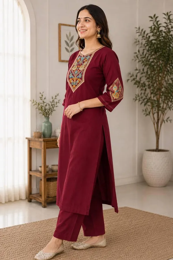 Product_Summary_Straight_Kurta_Pant_Maroon_Embroidered_Kurta_Set