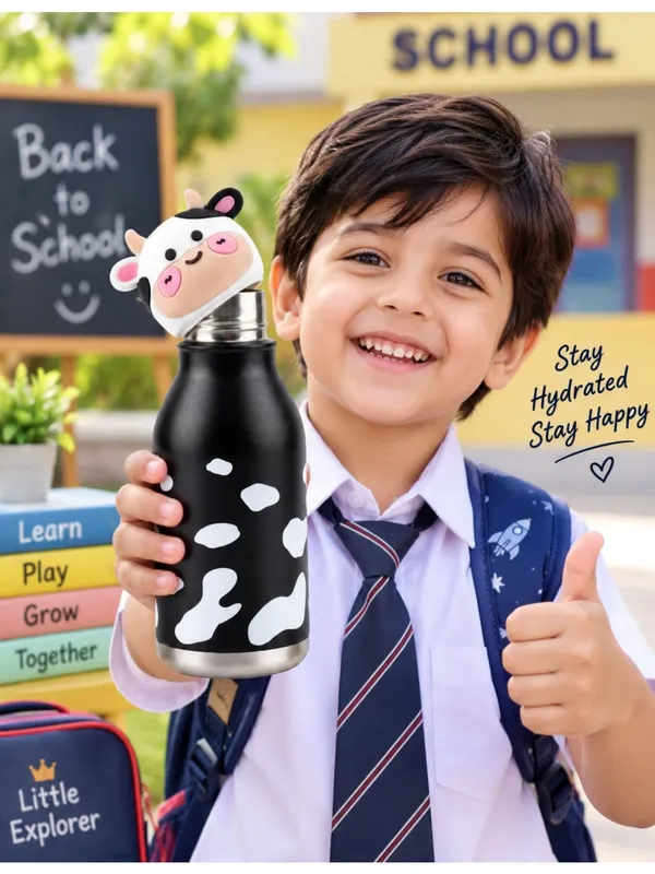 Black_Stainless_Steel_Cow_Print_Water_Bottle_for_Kids