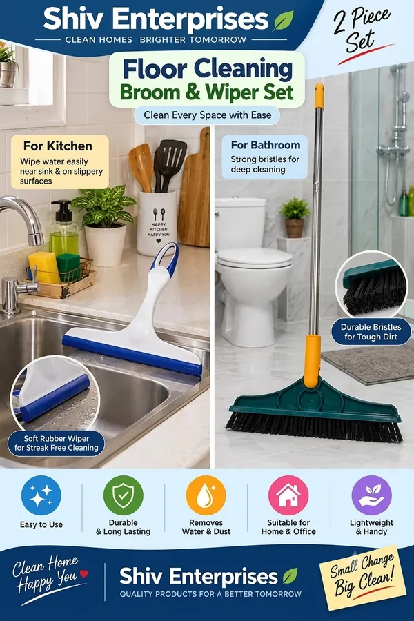 White_And_Green_Handheld_Squeegee_And_Long_Handle_Floor_Wiper_Set_Of_2