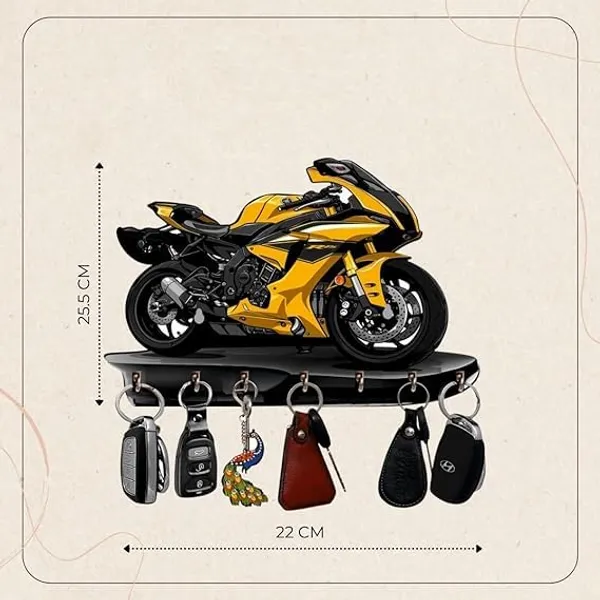 Motorcycle_Wall_Mount_Key_Holder_Yellow_Sport_Bike_Design_Wood_And_Metal_Rack_With_6_Key_Hooks_Decorative_Home_Organization