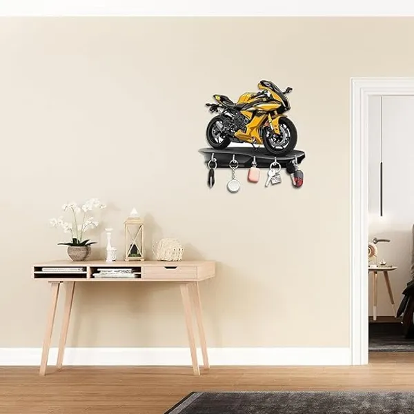 Motorcycle_Wall_Mount_Key_Holder_Yellow_Sport_Bike_Design_Wood_And_Metal_Rack_With_6_Key_Hooks_Decorative_Home_Organization