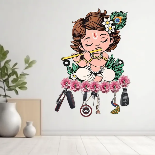 Premium_Cute_Krishna_Key_Holder_For_Home_Office_Wall_Decor_Decorative_Key_Hanger_With_Lord_Krishna_Design_Durable_Wooden_Key_Organizer