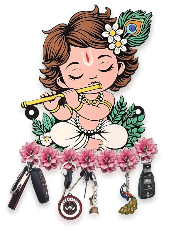 Premium_Cute_Krishna_Key_Holder_For_Home_Office_Wall_Decor_Decorative_Key_Hanger_With_Lord_Krishna_Design_Durable_Wooden_Key_Organizer