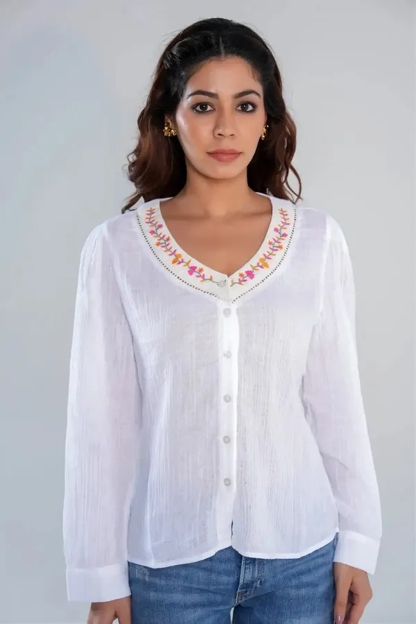 White_Textured_Cotton_Long_Sleeve_Shirt_with_Embroidered_Neckline