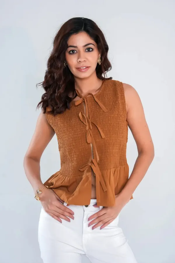 Brown_Textured_Smocked_Sleeveless_Top_with_Tie_Front