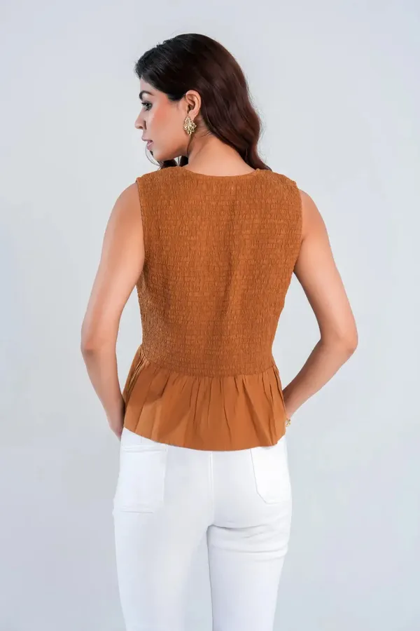 Brown_Textured_Smocked_Sleeveless_Top_with_Tie_Front