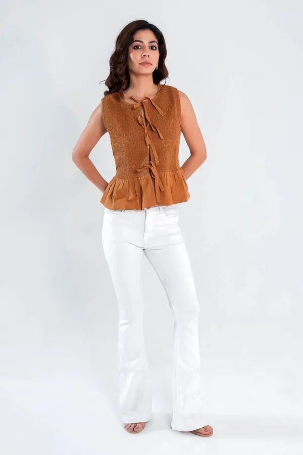 Brown_Textured_Smocked_Sleeveless_Top_with_Tie_Front