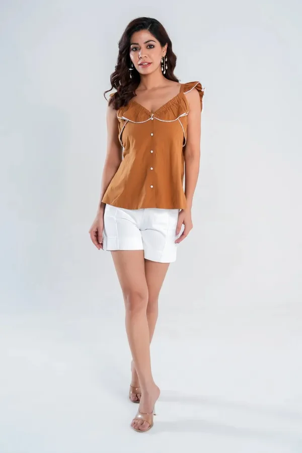 Brown_Textured_Cotton_Button-Down_Top_with_Ruffled_Neck_&_Sleeve