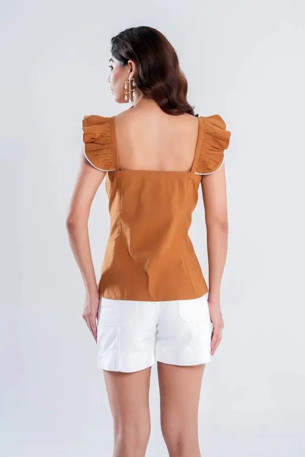 Brown_Textured_Cotton_Button-Down_Top_with_Ruffled_Neck_&_Sleeve