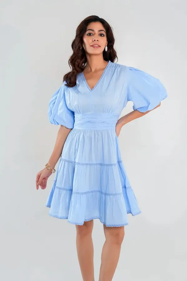 Women's_Blue_Tiered_Dress_with_Balloon_Sleeves_and_Lace_detail