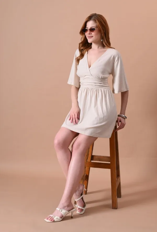 Women's_Beige_Wrap_Mini_Dress_with_Kimono_Sleeves_and_Ruched_Waist