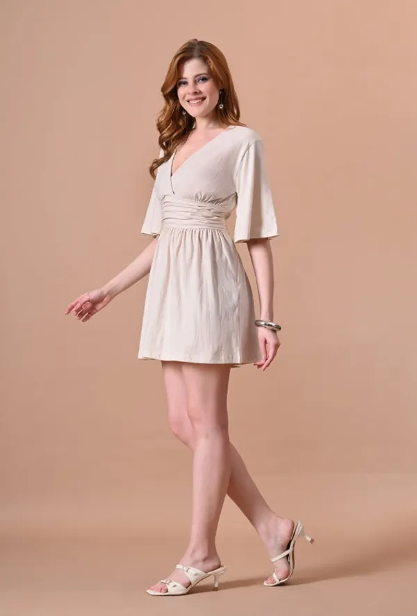Women's_Beige_Wrap_Mini_Dress_with_Kimono_Sleeves_and_Ruched_Waist
