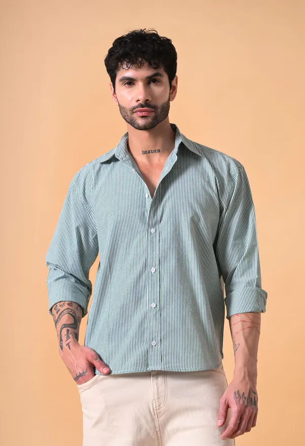 Green_&_White_Striped_Cotton_Shirt_with_Back_Print_For_Men