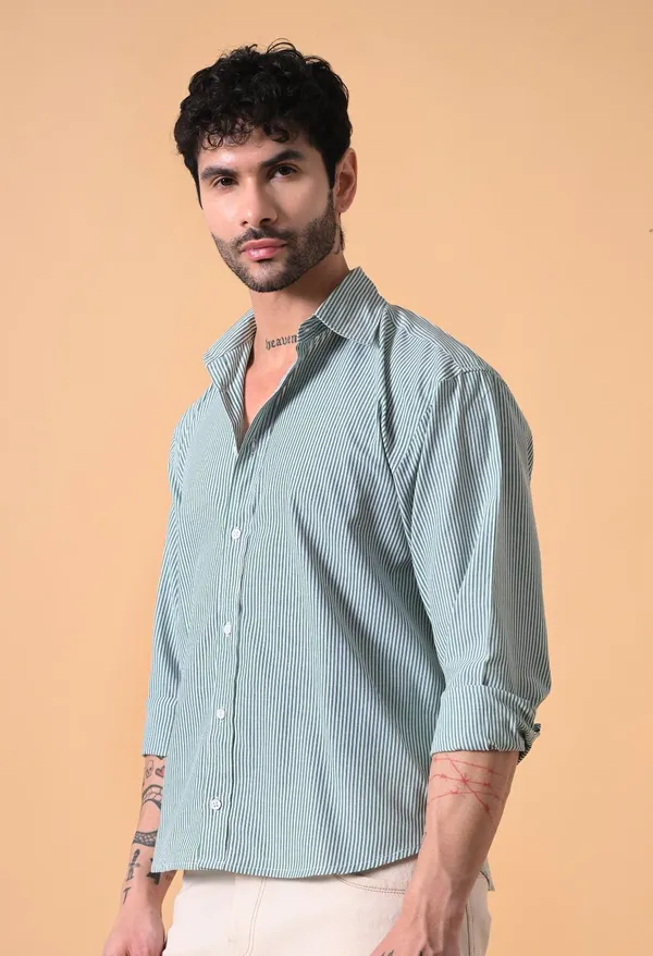 Green_&_White_Striped_Cotton_Shirt_with_Back_Print_For_Men