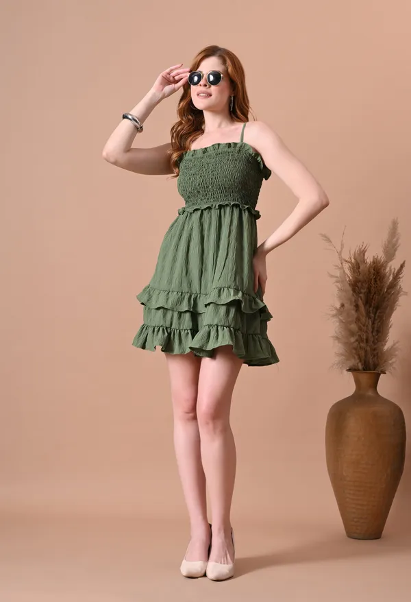 Olive_Green_Smocked_Mini_Dress_with_Back_Tie_Detail_For_Women