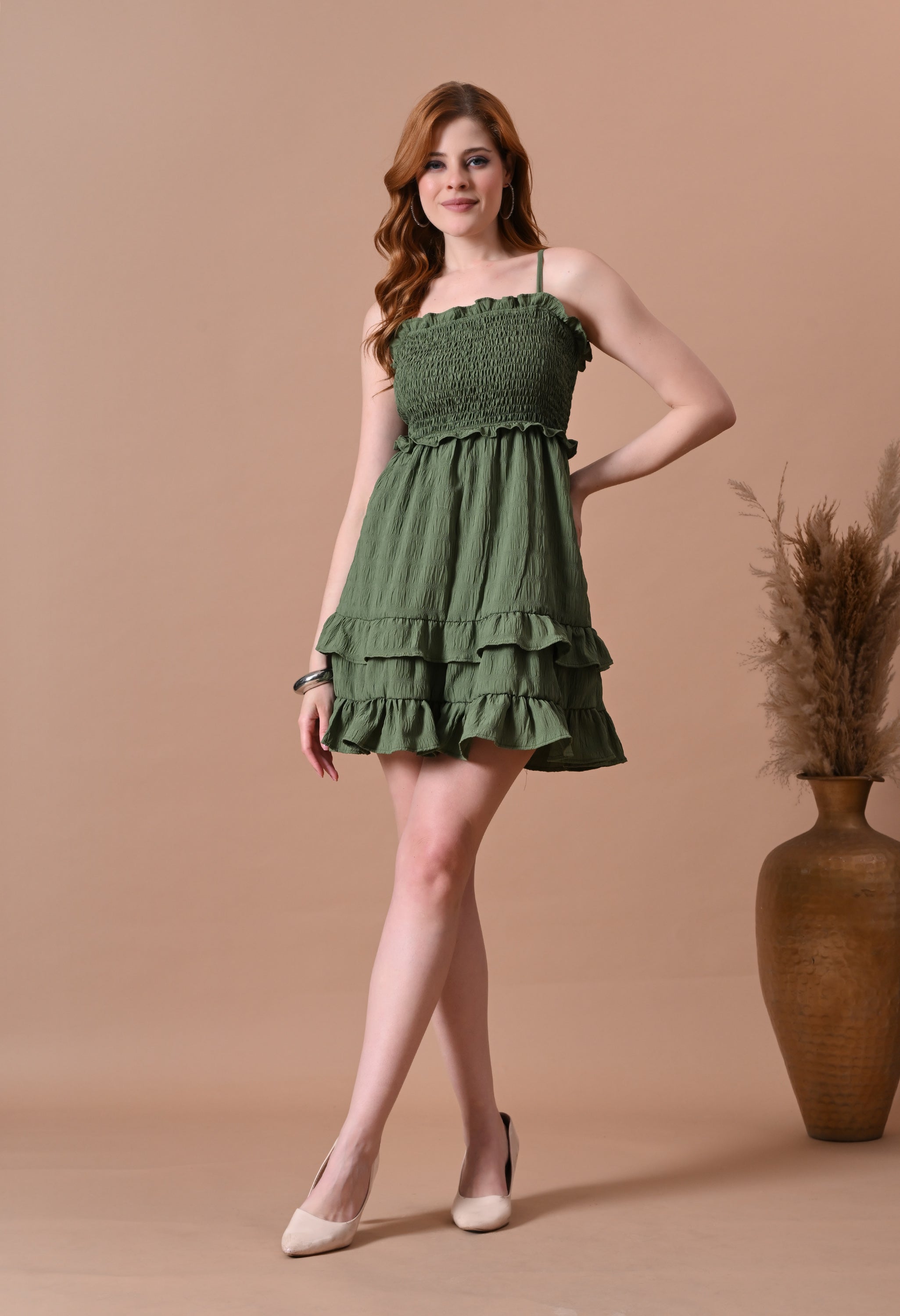 Olive_Green_Smocked_Mini_Dress_with_Back_Tie_Detail_For_Women