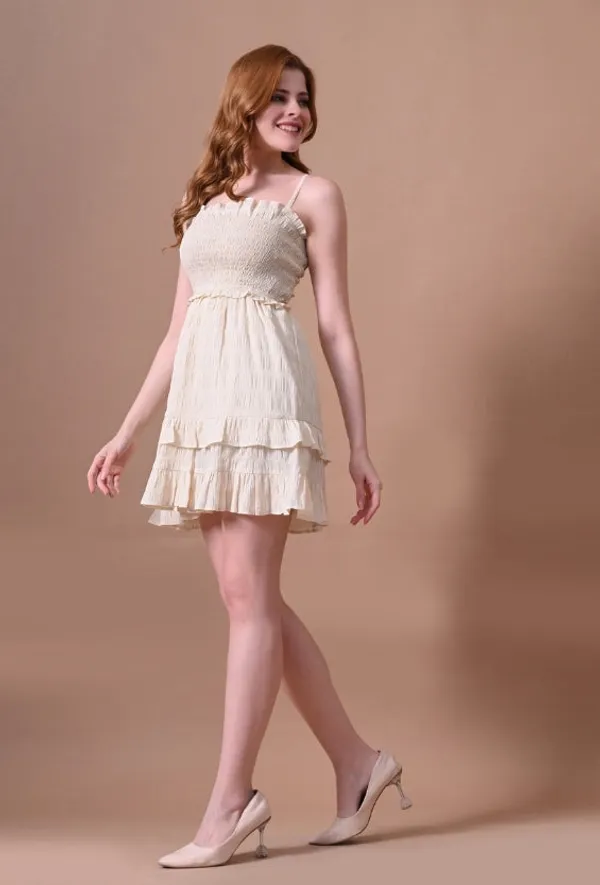 Cream_Smocked_Mini_Dress_with_Back_Tie_Detail_For_Women