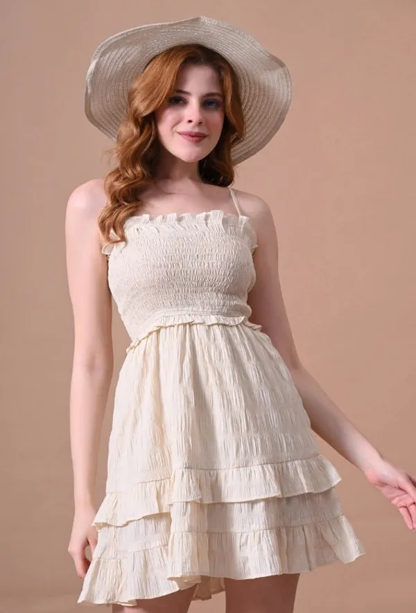 Cream_Smocked_Mini_Dress_with_Back_Tie_Detail_For_Women