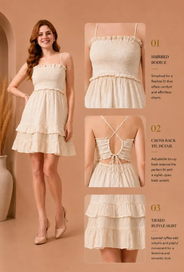 Cream_Smocked_Mini_Dress_with_Back_Tie_Detail_For_Women