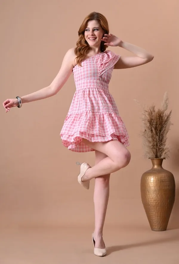 White_&_Pink_Checkered_Rayon_One-Shoulder_Dress_For_Women