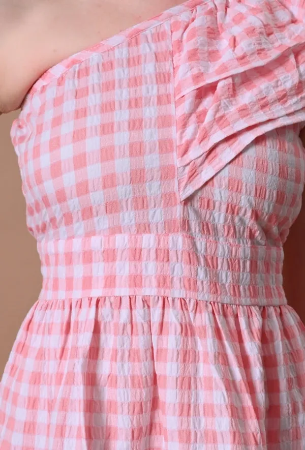 White_&_Pink_Checkered_Rayon_One-Shoulder_Dress_For_Women