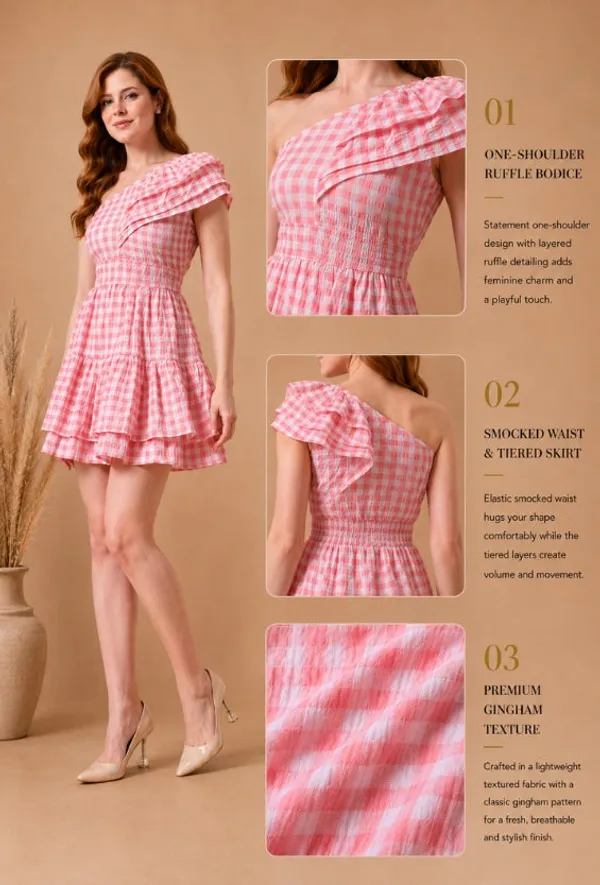 White_&_Pink_Checkered_Rayon_One-Shoulder_Dress_For_Women