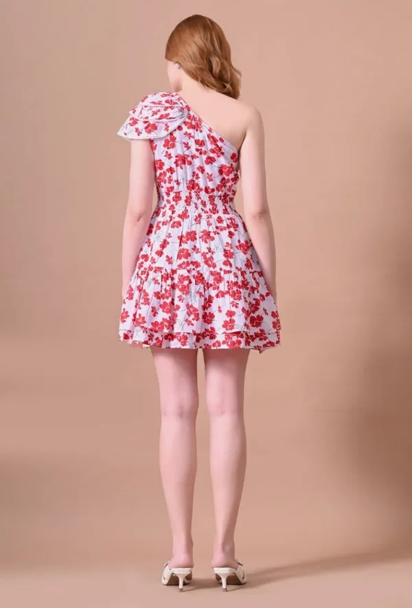 White_&_Red_Floral_Seersucker_One-Shoulder_Dress_For_Women