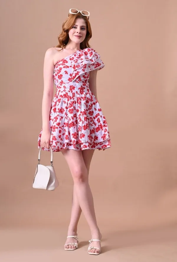 White_&_Red_Floral_Seersucker_One-Shoulder_Dress_For_Women