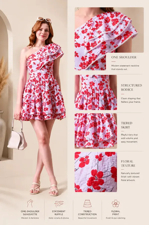 White_&_Red_Floral_Seersucker_One-Shoulder_Dress_For_Women