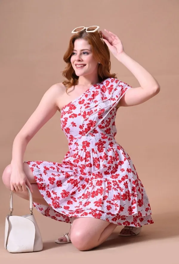 White_&_Red_Floral_Seersucker_One-Shoulder_Dress_For_Women