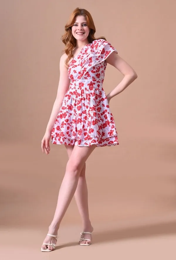 White_&_Red_Floral_Seersucker_One-Shoulder_Dress_For_Women