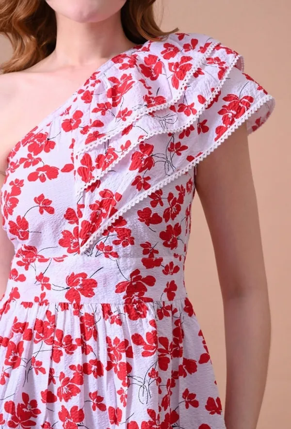 White_&_Red_Floral_Seersucker_One-Shoulder_Dress_For_Women