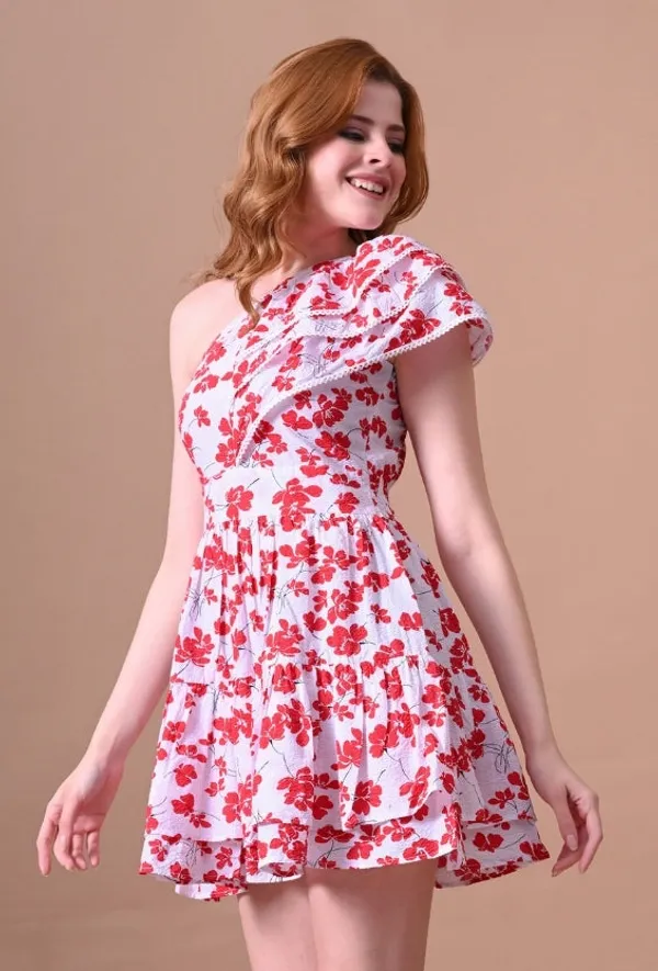 White_&_Red_Floral_Seersucker_One-Shoulder_Dress_For_Women