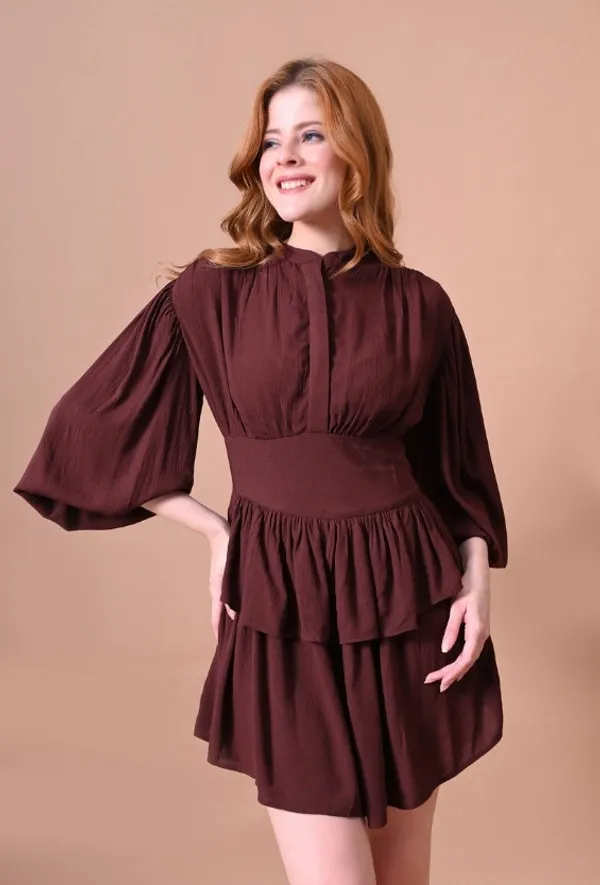 Deep_Brown_Crinkle_Rayon_Tiered_Mini_Dress_For_Women