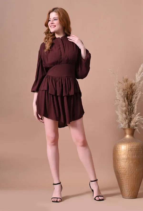 Deep_Brown_Crinkle_Rayon_Tiered_Mini_Dress_For_Women