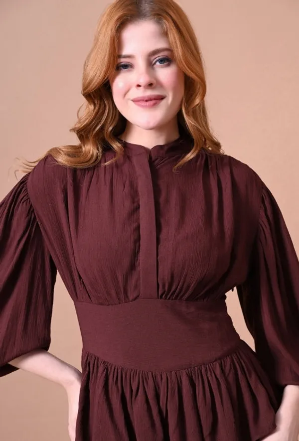 Deep_Brown_Crinkle_Rayon_Tiered_Mini_Dress_For_Women