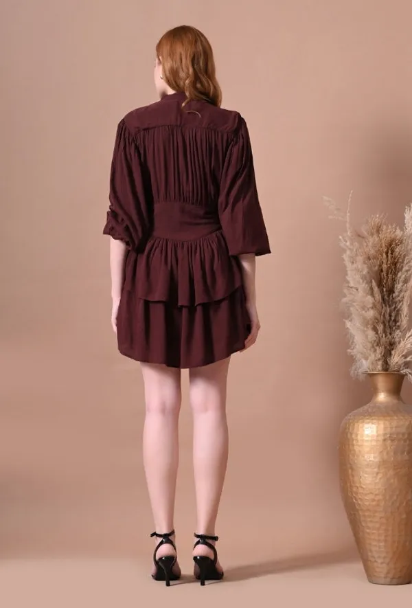 Deep_Brown_Crinkle_Rayon_Tiered_Mini_Dress_For_Women