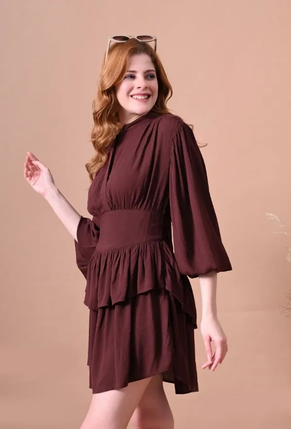 Deep_Brown_Crinkle_Rayon_Tiered_Mini_Dress_For_Women