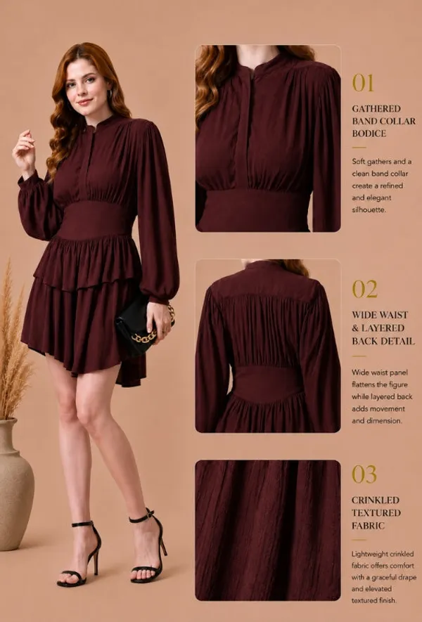 Deep_Brown_Crinkle_Rayon_Tiered_Mini_Dress_For_Women