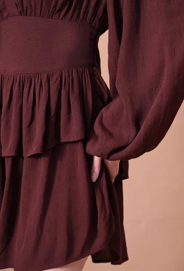Deep_Brown_Crinkle_Rayon_Tiered_Mini_Dress_For_Women