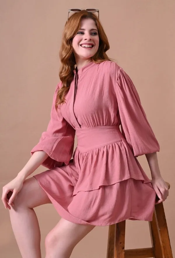 Dusty_Rose_Rayon_Tiered_Mini_Dress_Waist_For_Women
