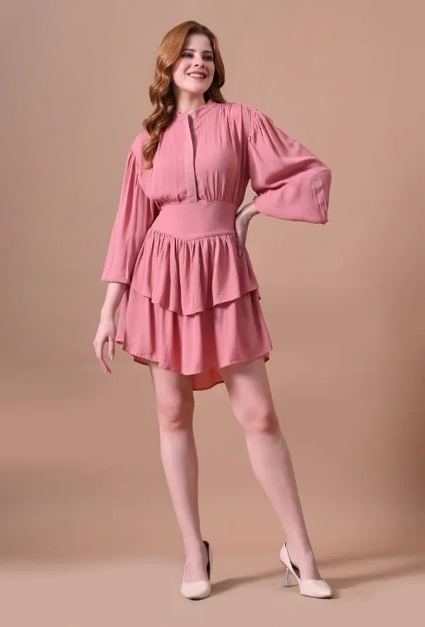Dusty_Rose_Rayon_Tiered_Mini_Dress_Waist_For_Women