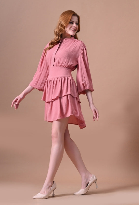 Dusty_Rose_Rayon_Tiered_Mini_Dress_Waist_For_Women
