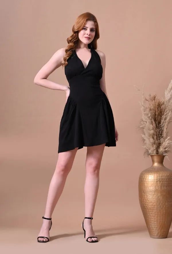 Black_Cotton_Knit_Backless_Halter_Mini_Dress_For_Women