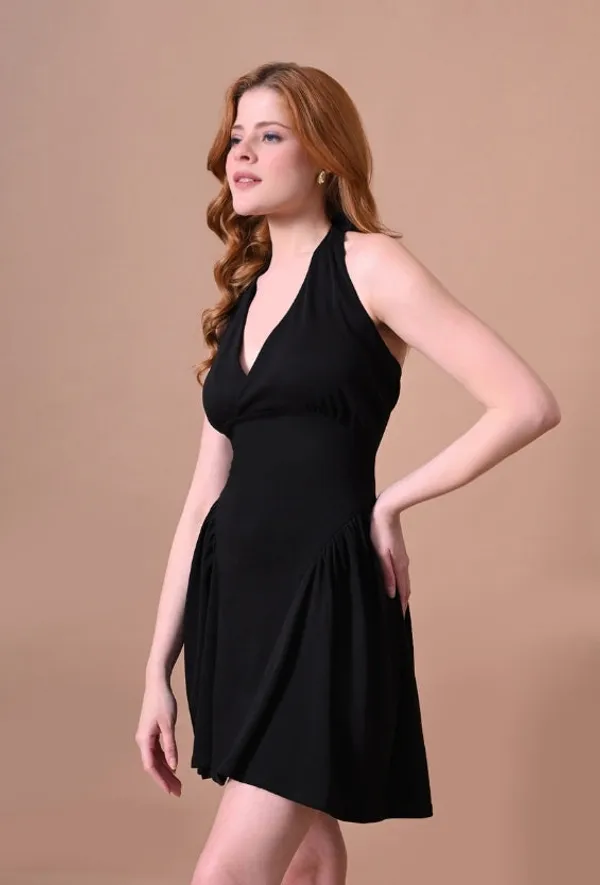Black_Cotton_Knit_Backless_Halter_Mini_Dress_For_Women