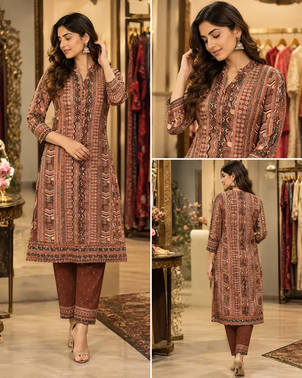Brown_Printed_Straight_Kurta_Pant_Set_For_Women