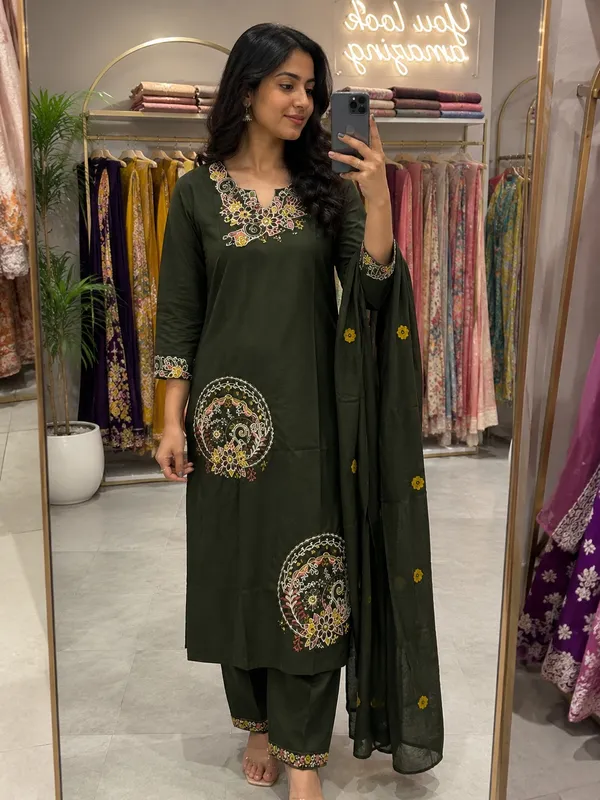 Dark_Green_Embroidered_Kurta_Set_For_Women