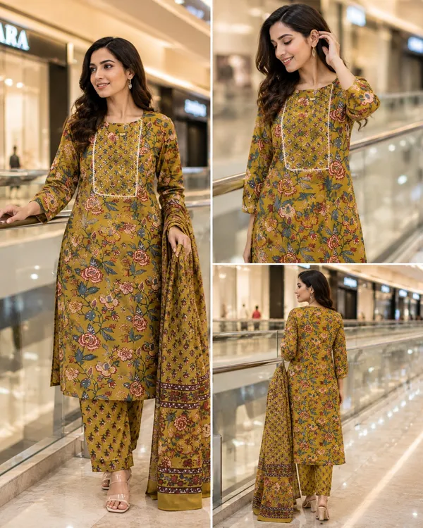 Mustard_Floral_Print_Straight_Kurta_Set_For_Women